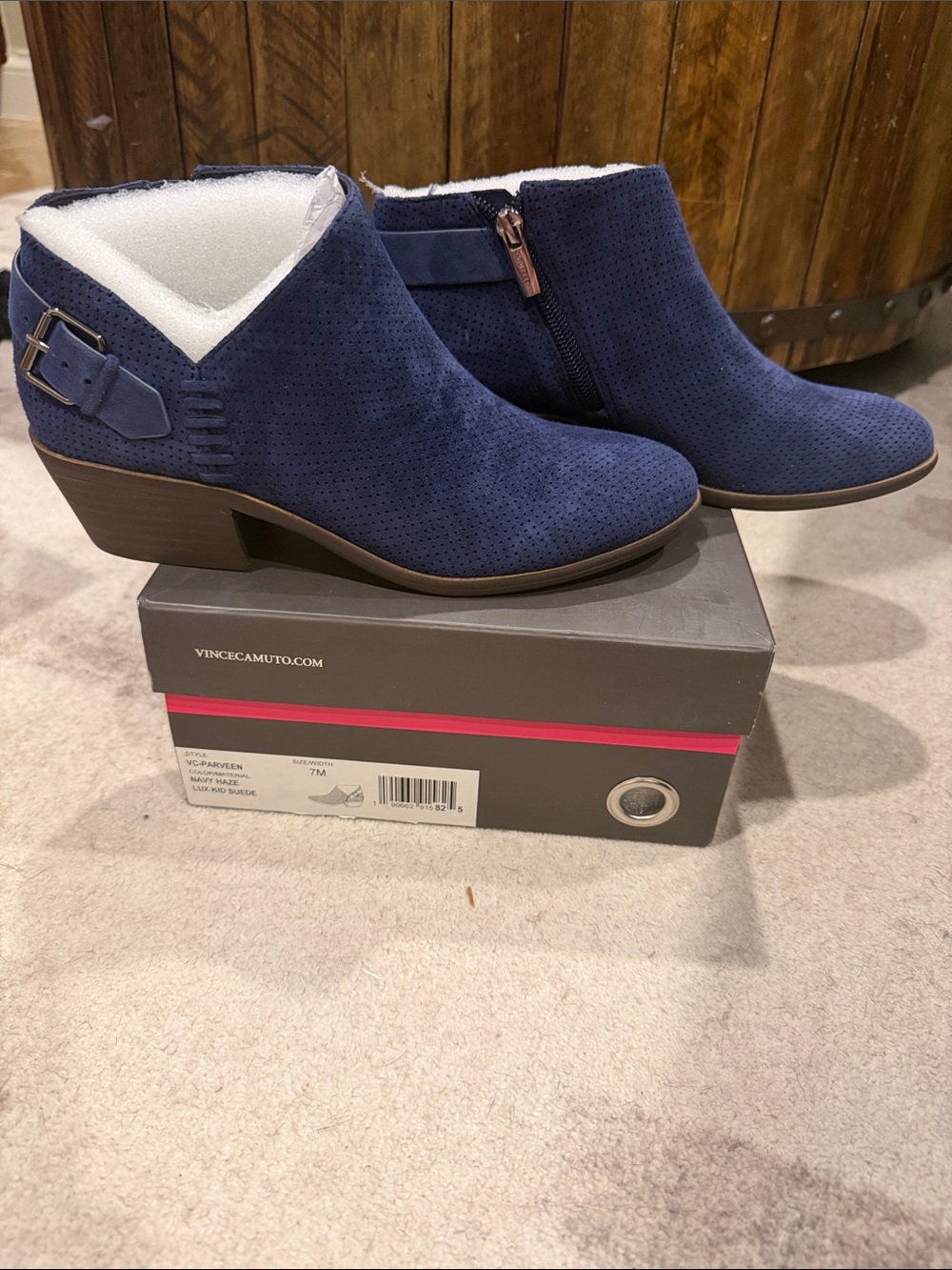 Vince Camuto Navy Suede Perforated Ankle Booties with Side Buckle